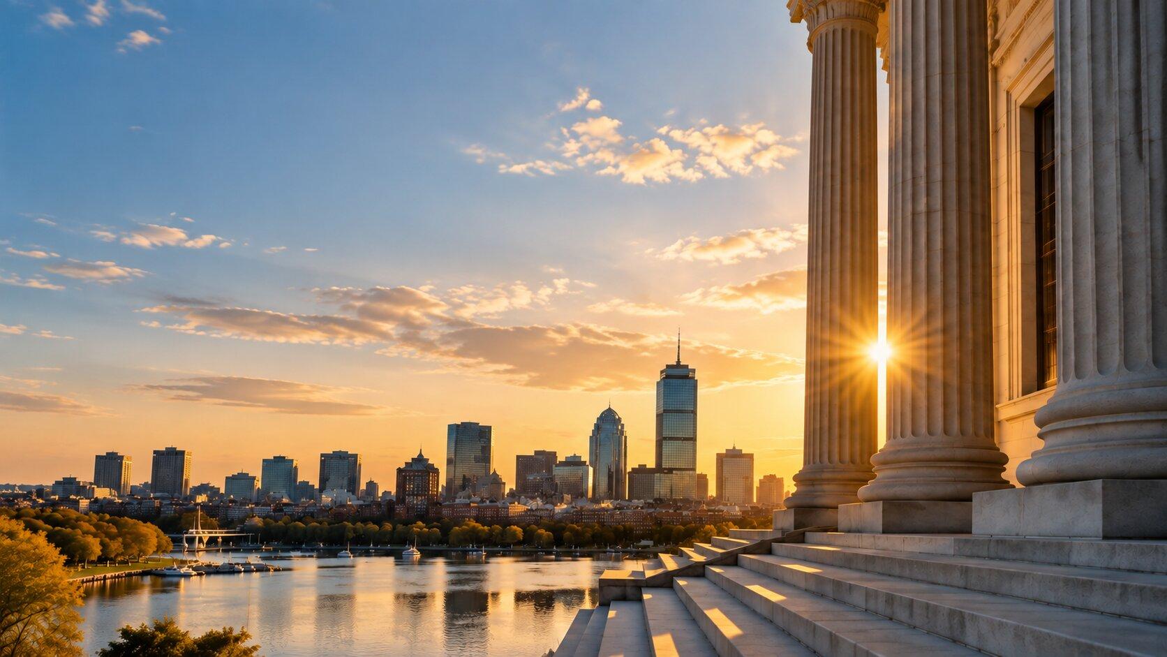Courthouse columns at sunrise above a city skyline and river