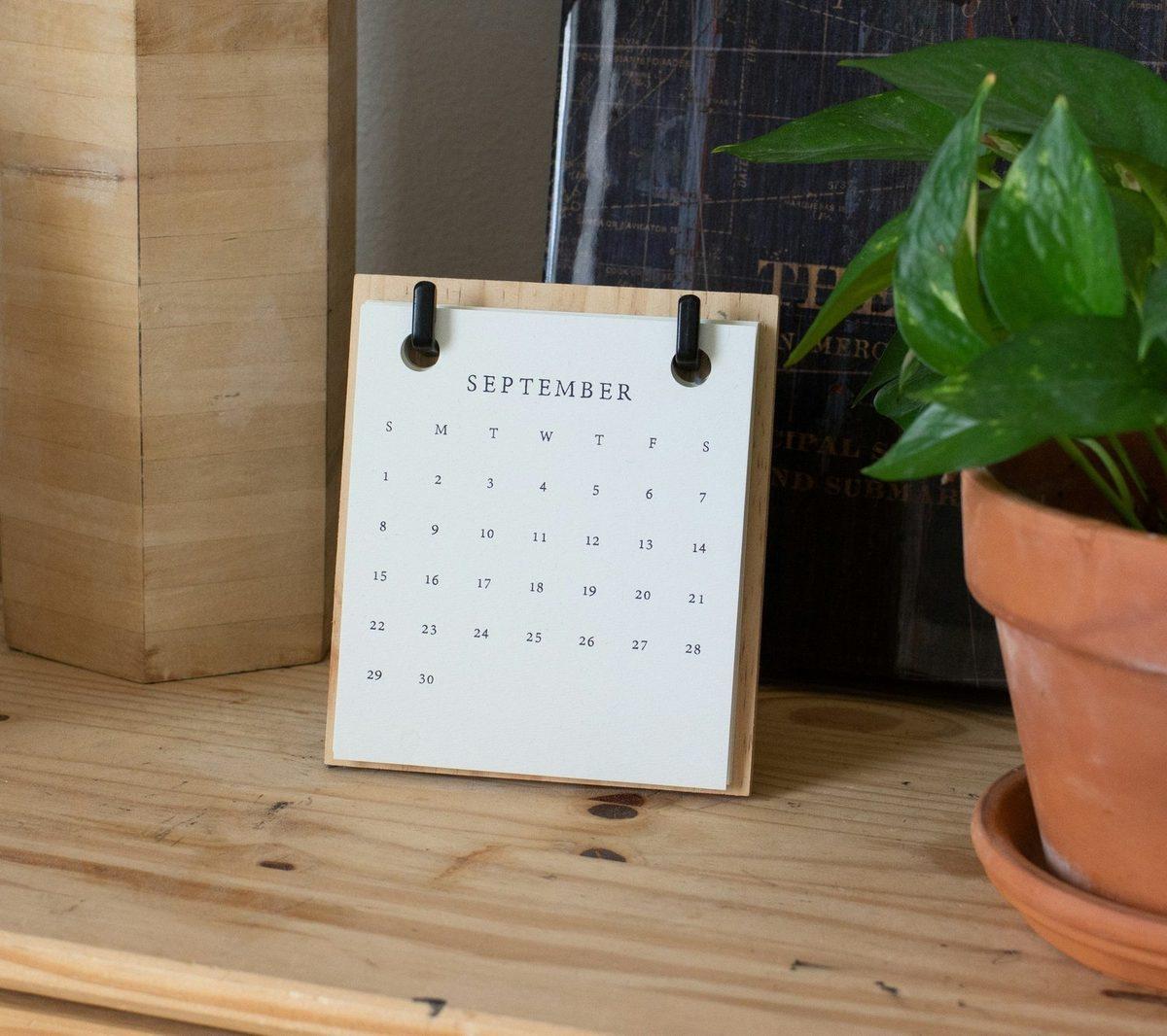 A desk calendar beside a potted plant